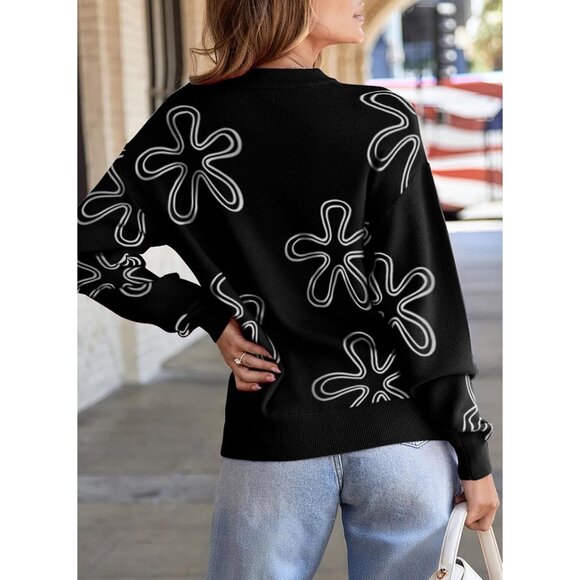 Women's Floral Print Cable Knit Sweater Crew Neck Long Sleeve Fall Winter - Picture 6 of 6